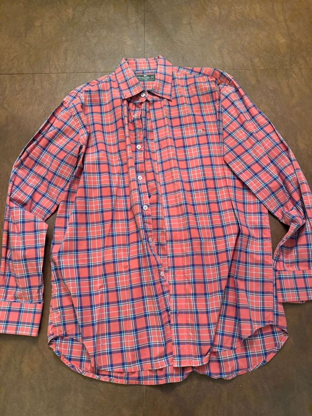 Southern Point Co Never Worn Coral Red and Navy Plaid Button-Down Shirt